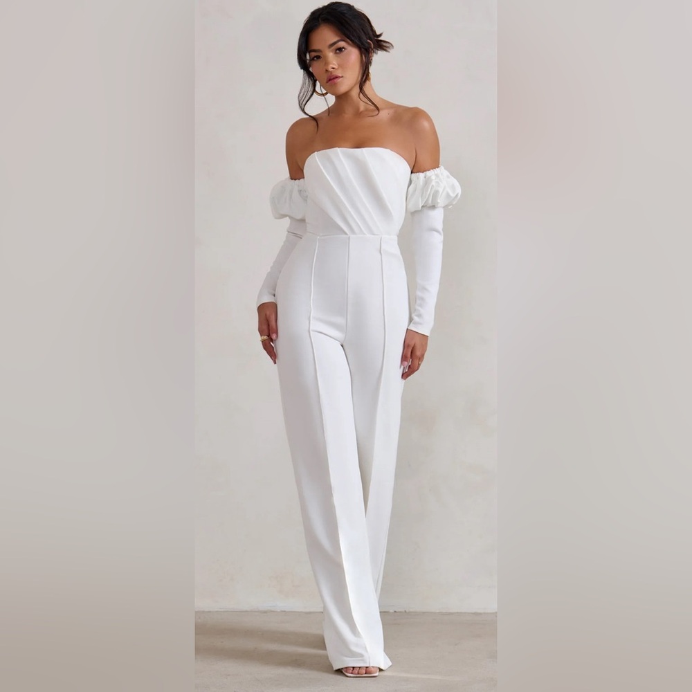 REEMA - WHITE BARDOT PUFF LONG SLEEVE JUMPSUIT